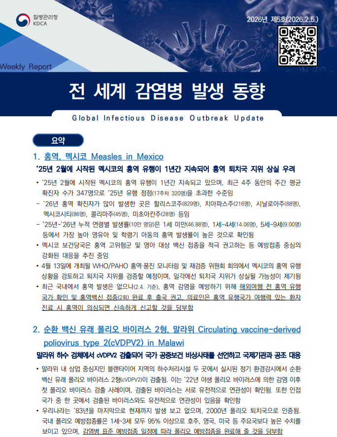 전 세계 감염병 발생 동향 2026년 5호 이미지 1 - 본문에 자세한설명을 제공합니다.