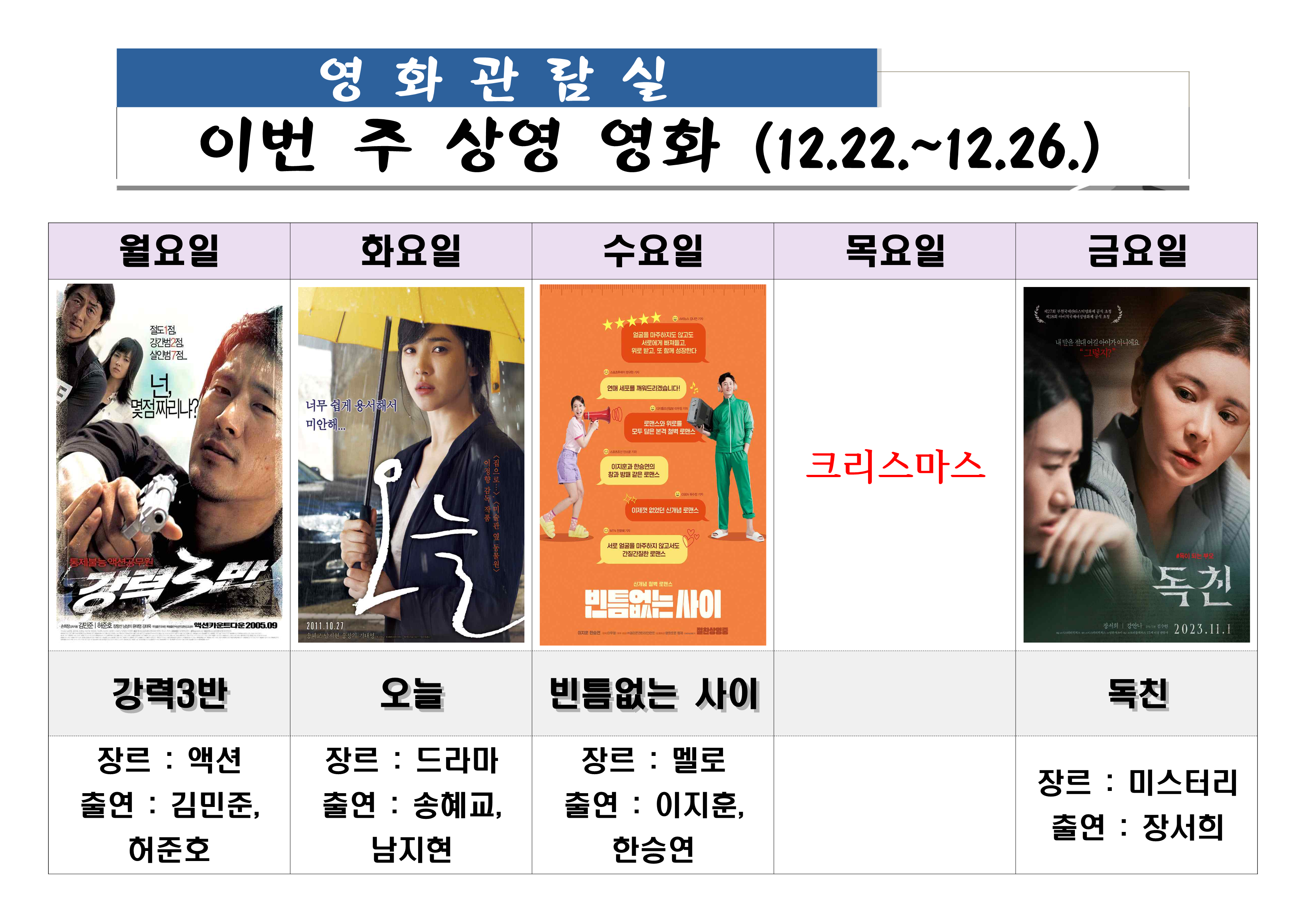 2025. 12. 22.(월) ~ 12. 26.(금) 영화관람실 상영영화 이미지 1 - 본문에 자세한설명을 제공합니다.