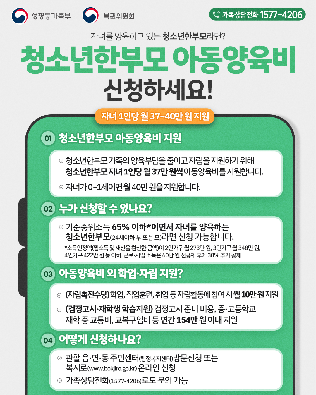 2026 저소득 청소년 한부모 자립지원 웹포스터- 
성평등가족부 | 복권위원회 | 가족상담전화 1577-4206
#자녀를 양육하고 있는 청소년한부모라면?
##청소년한부모 아동양육비 신청하세요!
자녀 1인당 월 37~40만 원 지원

01 청소년한부모 아동양육비 지원
◎청소년한부모가족의 양육부담을 줄이고 자립을 지원하기 위해 청소년한부모 자녀 1인당 월 37만 원씩 아동양육비를 지원합니다.
◎자녀가 0~1세이면 월 40만 원을 지원합니다.

02 누가 신청할 수 있나요?
◎기준중위소득 65% 이하이면서 **자녀를 양육하는 청소년한부모(24세 이하 부 또는 모)**라면 신청 가능합니다.
* 소득인정액(월소득 및 재산을 환산한 금액)
-2인가구 월 273만 원
-3인가구 월 348만 원
-4인가구 422만 원 이하
* 근로·사업소득은 60만 원 선공제 후 30% 추가 공제

03 아동양육비 외 학업·자립 지원은?
◎(자립촉진수당) 학업, 직업훈련, 취업 등 자립활동에 참여 시 월 10만 원 지원
◎(검정고시·재학생 학습지원) 검정고시 준비 비용, 중·고등학교 재학 중 교통비, 교육구입비 등 연간 154만 원 이내 지원

04 어떻게 신청하나요?
◎관할 읍·면·동 주민센터(행정복지센터) 방문 신청 또는 복지로(www.bokjiro.go.kr) 온라인 신청
◎**가족상담전화(1577-4206)**로도 문의 가능
                