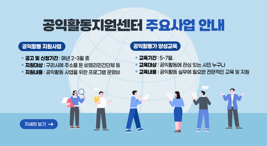 공익활동센터 주요사업 안내
○ 공익활동 지원사업
  ‣ 공고 및 신청기간 : 매년 2~3월 중
  ‣ 지원대상 : 구리시에 주소를 둔 비영리민간단체 등
  ‣ 지원내용 : 공익활동 사업을 위한 프로그램 운영비
 ○ 공익활동가 양성교육
  ‣ 교육기간 : 5~7월
  ‣ 교육대상 : 공익활동에 관심 있는 시민 누구나
  ‣ 교육내용 : 공익활동 실무에 필요한 전문적인 교육 및 지원
자세히보기