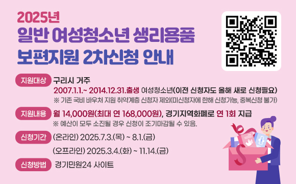 2025년 일반 여성청소년 생리용품 보편지원 2차 신청 안내

□ 지원대상  : 구리시 거주
2007.1.1.~ 2014.12.31.출생 여성청소년(이전 신청자도 올해 새로 신청필요)
※ 기존 국비 바우처 지원 취약계층 신청자 제외(미신청자에 한해 신청가능, 중복신청 불가)

□ 지원내용 :월 14,000원(최대 연 168,000원), 경기지역화폐로 연 1회 지급 
※ 예산이 모두 소진될 경우 신청이 조기마감될 수 있음

□ 신청기간 : (온라인) 2025.7.3.(목) ~ 8.1(금)
              (오프라인) 2025.3.4.(화) ~ 11.14(금)

□ 신청방법 : 경기민원24 사이트