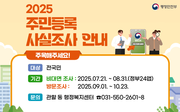 2025년 주민등록 사실조사 안내
주목해주세요!
○ 대 상 : 전국민
○ 기 간 - 비대면 조사 : 2025.07.21. ~ 08.31.(정부24앱)
- 방문조사 : 2025.09.01. ~ 10.23.
○ 문의 : 관할 동 행정복지센터 ☎031-550-2601~8
/행정안전부