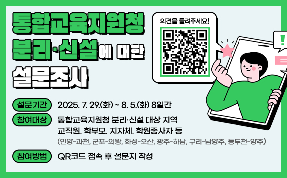 통합교육지원청 분리·신설에 대한 설문조사
/설문기간: 2025.7.29.(화) ~ 8. 5.(화) 8일간
/참여대상: 통합교육지원청 분리·신설 대상 지역 교직원, 학부모, 지자체, 학원종사자 등
(인양-과천, 군포-의왕, 화성-오산, 광주-하남, 구리-남양주, 동두천-양주)
/참여방법: QR코드 접속 후 설문지 작성
/의견을 들려주세요! QR코드(링크: https://ko.surveymonkey.com/r/kyeonggi)