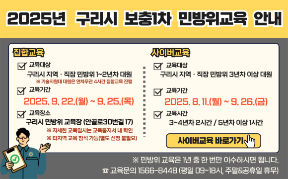 2025년 구리시 보충1차 민방위교육 안내
◆집합교육
-교육대상 : 구리시 지역·직장 민방위 1~2년차 대원
※디술지원대 대원은 연차무관 4시간 집합교육 진행
-교육기간 : 2025.9.22.(월)~9.25.(목)
-교육장소 : 구리시 민방위 교육장(안골로30번길17)
※자세한 교육일시는 교육통지서 내 확인
※타지역 교육 참석 가능(별도 신청 불필요)

◆사이버교육
-교육대상 : 구리시 지역·민방위 3년차 이상 대원
-교육기간 : 2025.8.11.(월)~9.26.(금)
-교육시간 : 3~4년차 2시간 / 5년차 이상 1시간
사이버교육 바로가기

※민방위 교육은 1년 중 한 번만 이수하시면 됩니다.
☎교육문의 1566-8448 (평일 09~18시, 주말&공휴일 휴무)