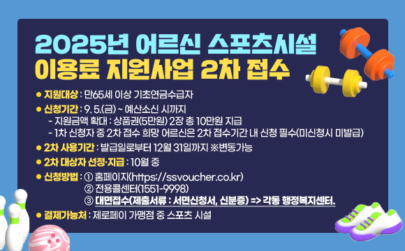 ○ 제    목 : 2025년 어르신 스포츠시설 이용료 지원사업 2차 접수
○ 지원대상: 만65세 이상 기초연금수급자
○ 신청기간: 9.5(금) ~ 예산소신 시까지
  - 지원금액 확대: 상품권(5만원) 2장 총 10만원 지급
  - 1차 신청자 중 2차 접수 희망 어르신은 2차 접수기간 내 신청 필수
    (미신청시 미발급) 
○ 2차 사용기간: 발급일로부터 12월 31일까지 ※변동가능
○ 2차 대상자 선정·지급: 10월 중 
○ 신청방법: ①홈페이지(https://ssvoucher.co.kr)
             ②전용콜센터(1551-9998)
             ③대면접수(제출서류 : 서면신청서, 신분증)
              => 각동 행정복지센터.
○ 결제가능처 : 제로페이 가맹점 중 스포츠 시설
