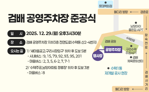 ○ 검배 공영주차장 준공식 
 - 일  시 : 2025. 12. 29.(월) 오후3시30분
 - 장  소 : 검배 공영주차장 지하3층 전면도로(수택동 산2-4번지)
 - 오시는 길
   1) '새마을금고.구리시장입구' 하차 후 도보 5분
     - 시내버스 : 9, 15, 79, 92, 93, 95, 201
     - 마을버스 : 2, 3, 5, 6-2, 7, 7-1
   2) '수택주공,남양아파트 정류장' 하차 후 도보 3분
     - 마을버스 : 8