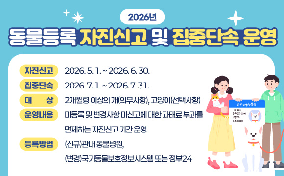 ○ 자진신고 : 2026. 5. 1. ~ 2026. 6. 30.
  ○ 집중단속 : 2026. 7. 1. ~ 2026. 7. 31.  
  ○ 대    상 : 2개월령 이상의 개(의무사항), 고양이(선택사항)
  ○ 운영내용 : 미등록 및 변경사항 미신고에 대한 과태료 부과를 면제하는 자진신고 기간 운영
  ○ 등록방법 : (신규)관내 동물병원, (변경)국가동물보호정보시스템 또는 정부24