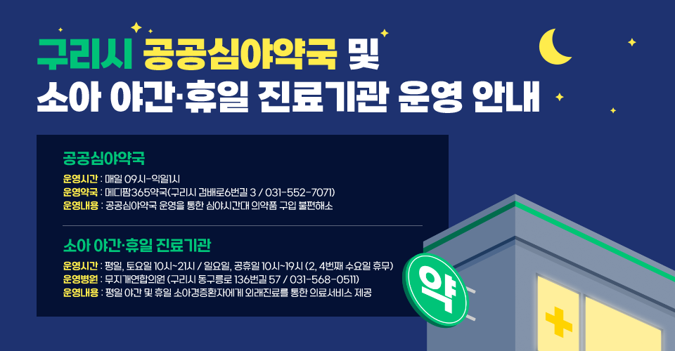 구리시 공공심야약국 및 소아 야간·휴일 진료기관 운영 안내
❍ 공공심야약국
  - 운영시간 : 매일 09시-익일1시
  - 운영약국 : 메디팜365약국(구리시 검배로6번길 3 / 031-552-7071)
  - 운영내용 : 공공심야약국 운영을 통한 심야시간대 의약품 구입 불편해소

❍ 소아 야간·휴일 진료기관
  - 운영시간 : 평일, 토요일 10시~21시 / 일요일, 공휴일 10시~19시 (2, 4번째 수요일 휴무)
  - 운영병원 : 무지개연합의원 (구리시 동구릉로 136번길 57 / 031-568-0511)
  - 운영내용 : 평일 야간 및 휴일 소아경증환자에게 외래진료를 통한 의료서비스 제공