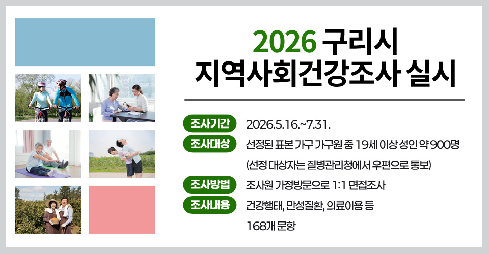 2026년 구리시 지역사회건강조사 실시

· 조사기간 : 2026.5.16.~7.31.
· 조사대상 : 선정된 표본 가구 가구원 중 19세 이상 성인 약 900명
            (선정 대상자는 질병관리청에서 우편으로 통보)
· 조사방법 : 조사원 가정방문으로 1:1 면접조사
· 조사내용 : 건강행태, 만성질환, 의료이용 등 168개 문항