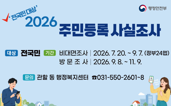 /2026년 주민등록 사실조사
/대 상 : 전국민
/기 간 - 비대면 조사 : 2026.07.20. ~ 09.07.(정부24앱)/- 방 문 조사 : 2026.09.08. ~ 11.09.
/문 의 : 관할 동 행정복지센터  ☎031-550-2601~8