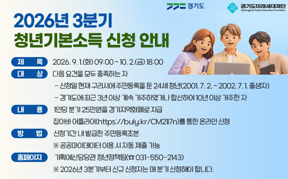 2026년 3분기 청년기본소득 신청 안내
○ 신청기간 : 2026. 9. 1.(화) 09:00 ~ 10. 2.(금) 18:00
○ 신청대상 : 다음 요건을 모두 충족하는 자
 - 신청일 현재 구리시에 주민등록을 둔 24세 청년
   (2001. 7. 2. ~ 2002. 7. 1. 출생자)
 - 경기도에 최근 3년 이상 계속 거주하였거나 합산하여 10년 이상 거주한 자
○ 지원내용 : 1인당 분기 25만원을 경기지역화폐로 지급
○ 신청방법 : 잡아바 어플라이(https://buly.kr/CM21l7n)를 통한 온라인 신청
○ 제출서류 : 신청기간 내 발급한 주민등록초본
※ 공공마이데이터 이용 시 자동 제출 가능
○ 문의전화 : 기획예산담당관 청년정책팀(☎ 031-550-2143)
※ 2026년 3분기부터 신규 신청자는 매 분기 신청해야 합니다.