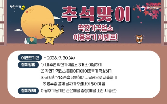 추석맞이 착한가격업소 이용후기 이벤트!
■ 이벤트기간 : ~ 2026. 9. 30.(수)
■ 참여방법
1) 내 주변 착한가격업소 3개소 이용하기
2) 착한가격업소 홈페이지에 이용후기 작성하기
3) 결제한 영수증을 첨부하여 구글폼으로 제출하기
※ 영수증 결제 날짜가 9월내에 있어야 함
■ 참여혜택 : 이용후기 남기면 순은메달 증정(메달 소진 시 종료)