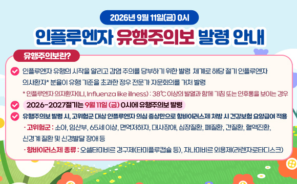 2026년 9월 11일(금) 0시
인플루엔자 유행주의보 발령 안내
유행주의보란?
- 인플루엔자 유행의 시작을 알리고 감염 주의를 당부하기 위한 발령 체계로 해당 절기 인플루엔자 의사환자* 분율이 유행 기준을 초과한 정우 전문가 자문회의를 거처 발령
* 인플루엔자 의자환자(ILI, Influenza like illness) : 38℃ 이상의 발열과 함께 기침 또는 인후통을 보이는 경우
- 2026-2027절기는 9월 11일 (금) 0시에 유행주의보 발령
- 유행주의보 발령 시, 고위험군 대상 인플루엔자 의심 증상만으로 항바이러스제 처방 시 건강보험 요양급여 적용
· 고위험군 : 소아, 임산부, 65세 이상, 면역저하자, 대사장애, 심장질환, 폐질환, 간질환, 혈액진환, 신경계 질환 및 신경발달 장애 등
· 항바이러스제 종류 : 오셀타미비르 경구제(타미플루캡슐 등), 자나미비르 외용제(라렌자로타디스크)