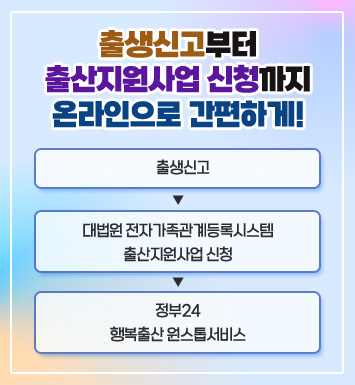 출생신고 부터 출산지원사업 신청까지 온라인으로 간편하게 !

출생신고 ▶ 대법원 전자가족관계등록시스템 출산지원사업 신청 ▶ 정부24 행복출산 원스톱서비스