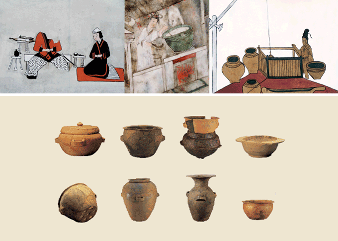 음삭과 요리, 상차림을 알수 있는 벽화 이미지와 고구려 유적지에서 출토되고 있는 시루 이미지