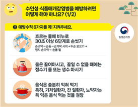 수인성 식품매개감염병을 예방하려면 어ᄄᅠᇂ게 해야 하나요? 예방수직 6가지를 꼭! 지켜주세요. 흐르는 물에 비누로 30초 이상 6단계로 손씻기, 손바닥→손등→손가락 사이→두손 모으기→엄지 손가락→손톱 및, 물은 끓여마시고 끓일 수 없을때에는 정수기 물 또는 생수 마시기, 음식은 충분히 익혀 먹기, 특히, 기저질환자, 간 질환자, 노약자는 꼭 익은 음식 먹는 것을 권장