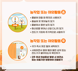 2.농작업 또는 야외활동(중) 풀밭에 앉을 때 돗자리 사용하기, 풀숲에 옷 벗어놓지 않기, 풀밭에서 용변 보지 않기, 등산로를 벗어난 산길 다니지 않기, 진드기 기피제 주기적으로 사용하기, 3. 농작업 또는 야외활동(후) 귀가 즉시 옷은 털어 세탁하기, 샤워하면서 몸에 벌레 물린 상처 또는 진드기가 붙어있는지 확인하기, 2주 이내 의심증상 발생 시 보건소 또는 의료기관 방문하여 진료받기