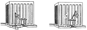 건물 게양 예시 : 전면지상의 중앙 또는 왼쪽에 게양, 옥상이나 차양시설 위의 중앙, 또는 주된 출입구 위 벽면의 중앙에 게양
